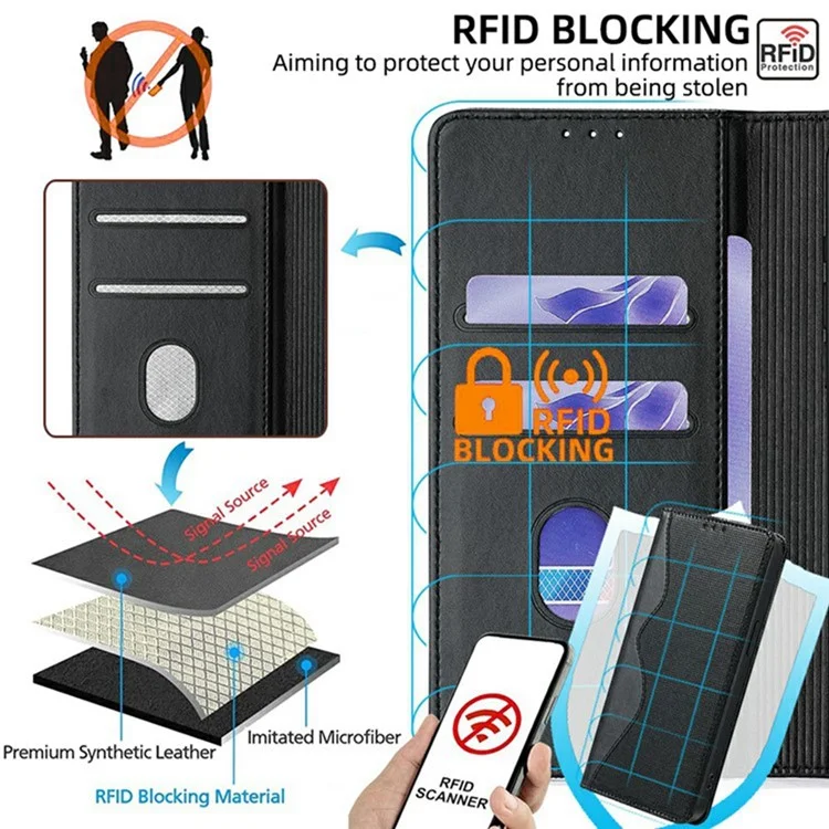 For Samsung Galaxy A56 5G Wallet Case Wave Shape RFID Blocking PU Leather Stand Phone Cover - Black