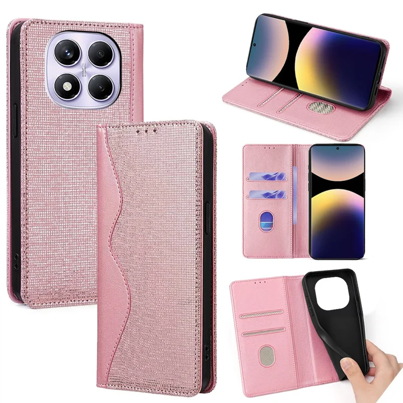 For Xiaomi Redmi Note 14 Pro 4G Wallet Case Wave Shape RFID Blocking PU Leather Stand Phone Cover - Rose Gold