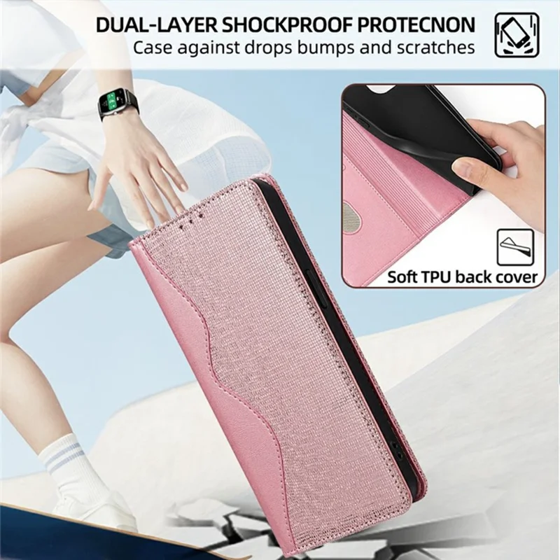 For Xiaomi Redmi Note 14 Pro 4G Wallet Case Wave Shape RFID Blocking PU Leather Stand Phone Cover - Rose Gold