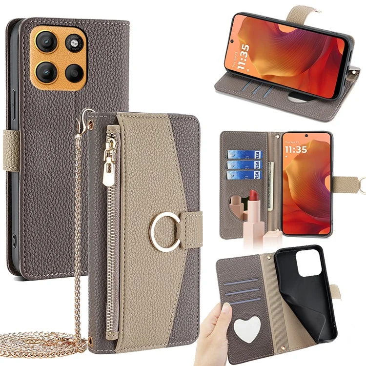 For Motorola Moto G15 4G / G15 Power 4G Case Mirror Wallet Leather Phone Cover with Chain Shoulder Strap - Grey