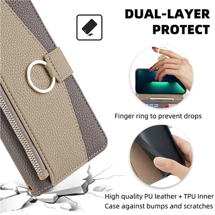 For Motorola Moto G15 4G / G15 Power 4G Case Mirror Wallet Leather Phone Cover with Chain Shoulder Strap - Grey