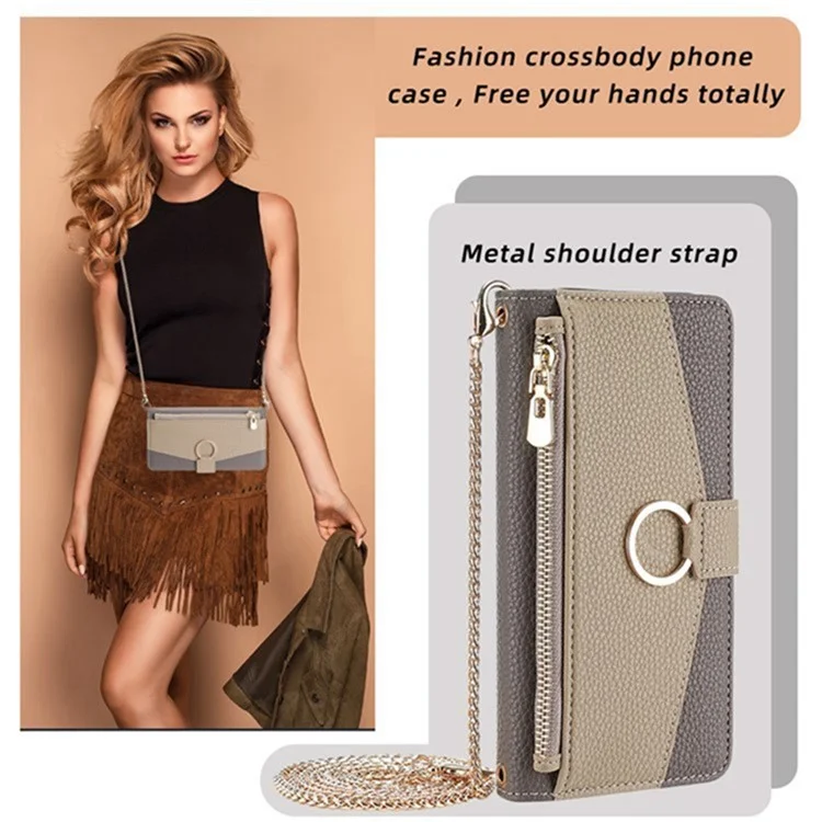 For Motorola Moto G15 4G / G15 Power 4G Case Mirror Wallet Leather Phone Cover with Chain Shoulder Strap - Grey