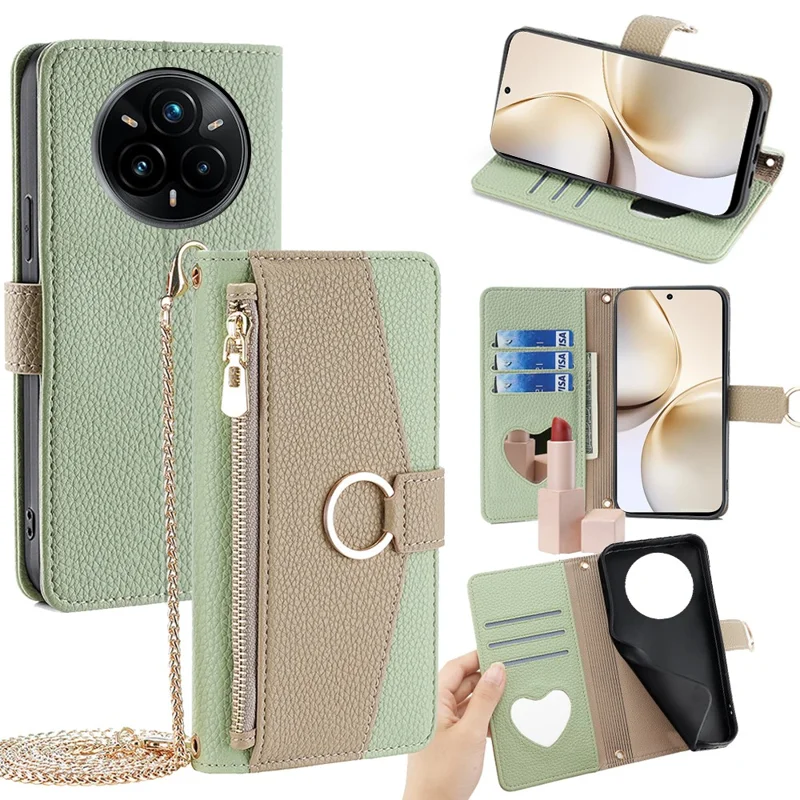 Voor Realme 14 Pro 5G hoesje met spiegel, portemonnee, lederen telefoonhoes met ketting schouderriem - Groen