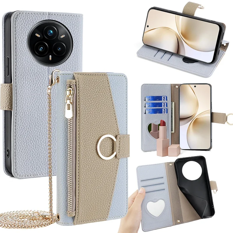 For Realme 14 Pro 5G Case Mirror Wallet Leather Phone Cover with Chain Shoulder Strap - Blue