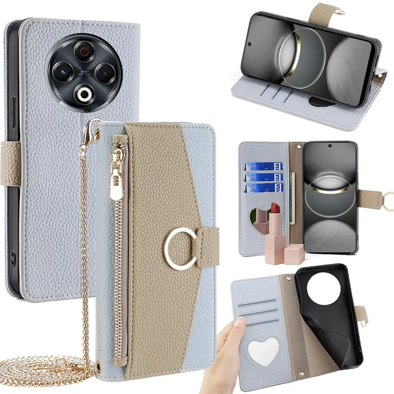 For TECNO Spark 30 4G Case Mirror Wallet Leather Phone Cover with Chain Shoulder Strap - Blue