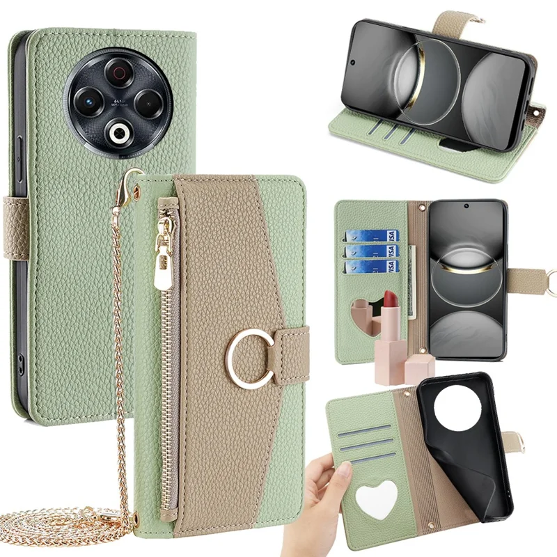 Til TECNO Spark 30 4G Etui med Spegel, Lomme, Læderdæksel med Kæde Skuldertaske - Grøn