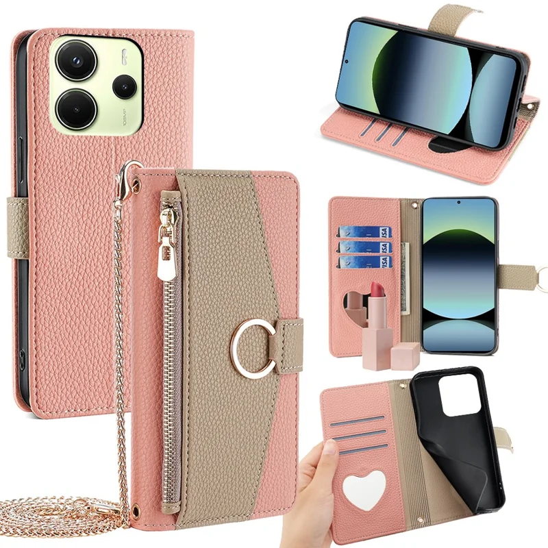 For Xiaomi Redmi Note 14 4G (163.25mm) Case Mirror Wallet Leather Phone Cover with Chain Shoulder Strap - Pink