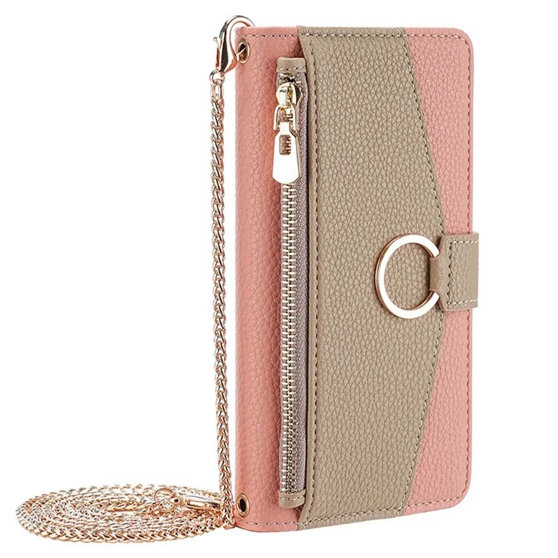 For Xiaomi Redmi Note 14 4G (163.25mm) Case Mirror Wallet Leather Phone Cover with Chain Shoulder Strap - Pink