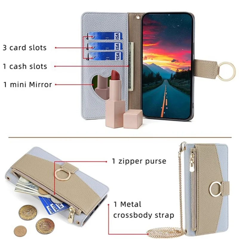Wallet Case for Xiaomi Redmi Turbo 4 5G / Poco X7 Pro 5G Mirror Leather Phone Cover with Chain Shoulder Strap - Blue