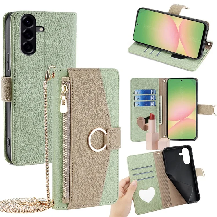 Étui portefeuille à miroir pour Samsung Galaxy A56 5G avec bandoulière - Vert