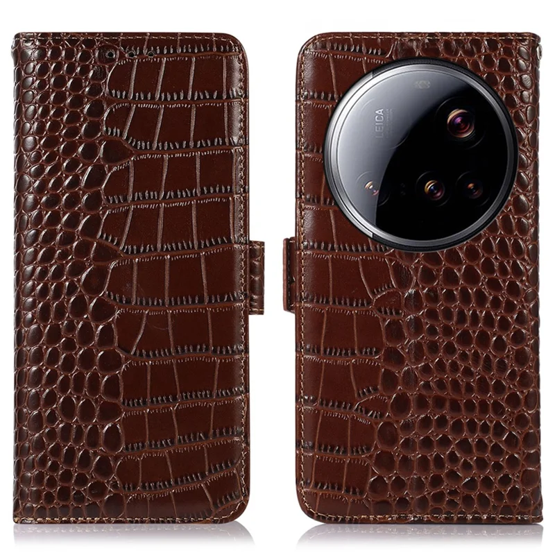 For Xiaomi 15 Ultra Case Crocodile Texture Genuine Cow Leather Phone Wallet Cover - Brown