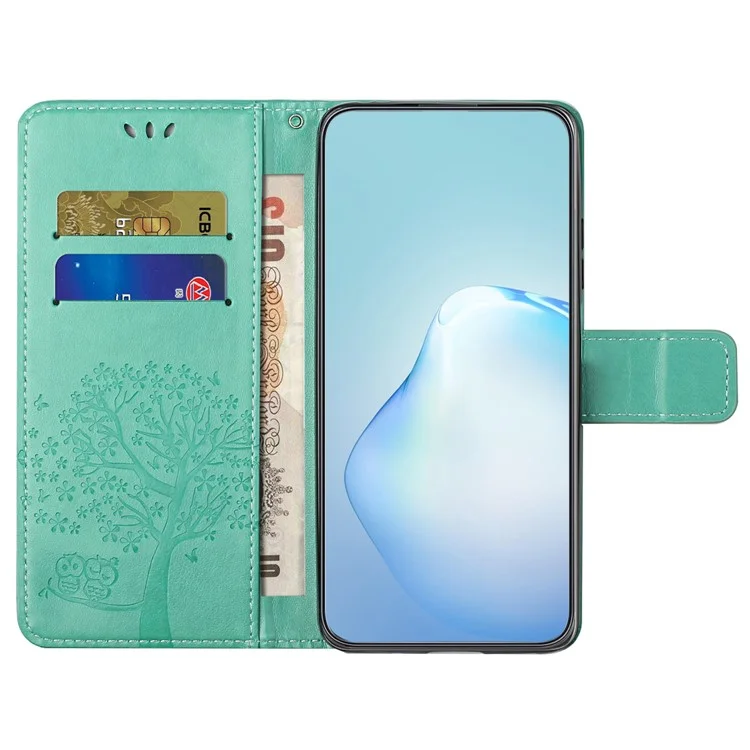 Cover per Samsung Galaxy A06 5G / A06 4G in Pelle PU con Portafoglio Stampato con Gufo su Albero - Ciano