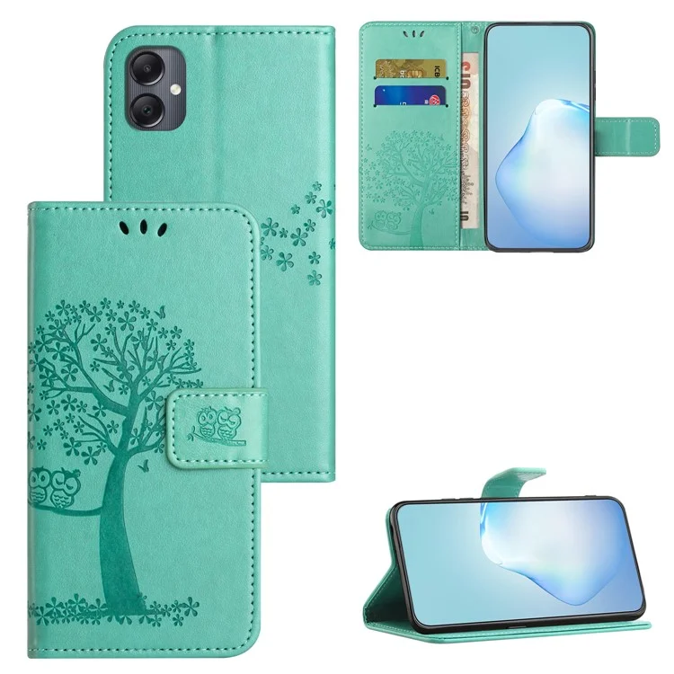 Cover per Samsung Galaxy A06 5G / A06 4G in Pelle PU con Portafoglio Stampato con Gufo su Albero - Ciano
