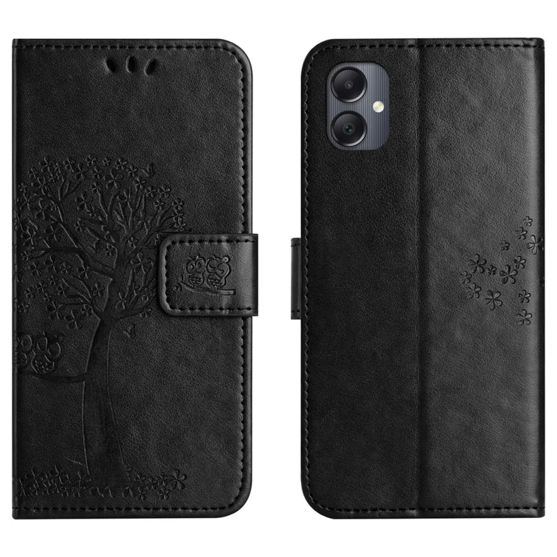 For Samsung Galaxy A07 4G / A06 5G / A06 4G Case PU Leather Owl Tree Imprinted Wallet Phone Cover - Black