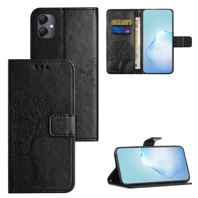 For Samsung Galaxy A07 4G / A06 5G / A06 4G Case PU Leather Owl Tree Imprinted Wallet Phone Cover - Black