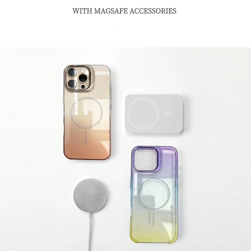 For iPhone 16 Pro Magnetic Case Gradient Color Hard PC Phone Cover Camera Lens Frame Kickstand - Gold