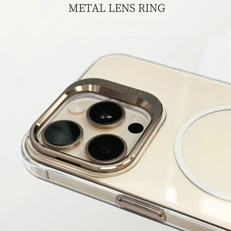 For iPhone 16 Pro Magnetic Case Gradient Color Hard PC Phone Cover Camera Lens Frame Kickstand - Gold