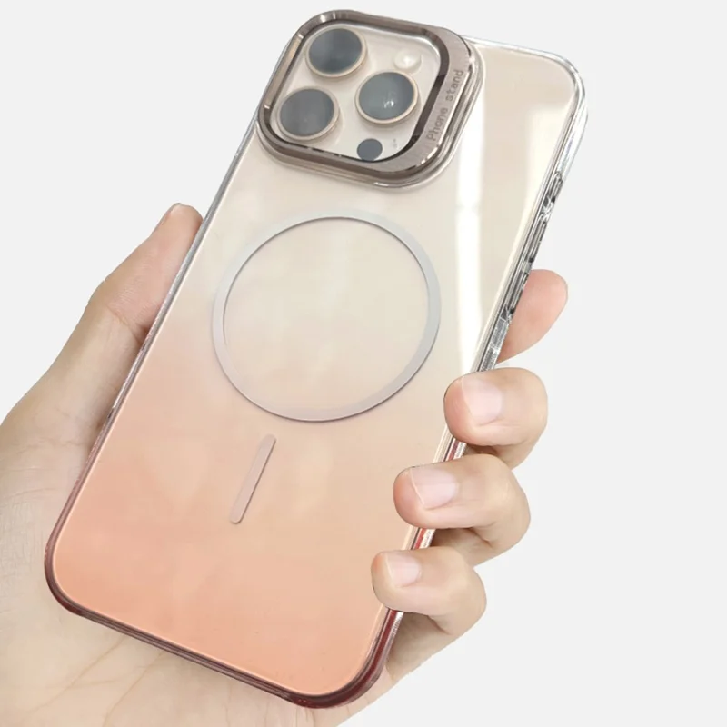 For iPhone 16 Pro Max Magnetic Case Gradient Color Hard PC Phone Cover Camera Lens Frame Kickstand - Pink