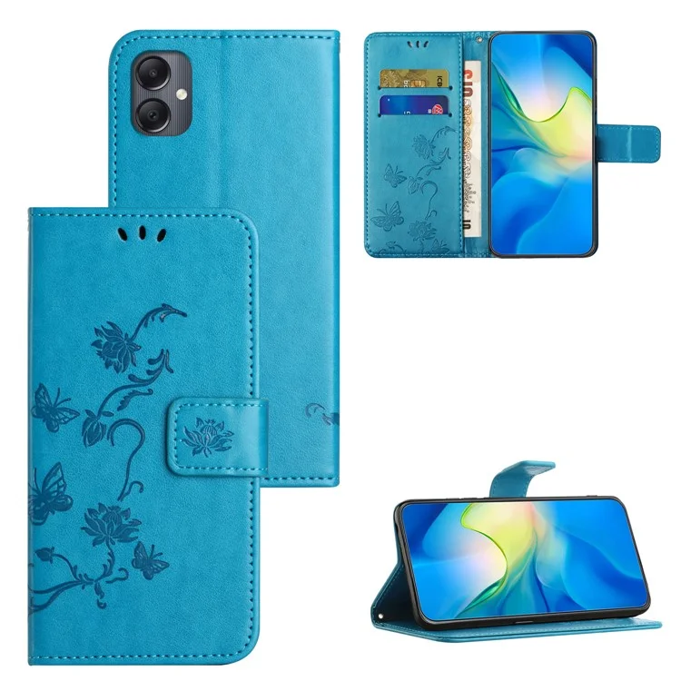 Cover a portafoglio per Samsung Galaxy A06 5G / A06 4G con supporto, farfalla e fiore stampati, in pelle PU - Blu
