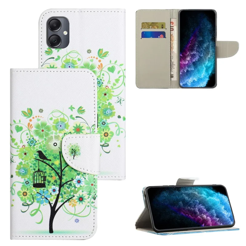 For Samsung Galaxy A07 4G / A06 5G / A06 4G Case Pattern Printing Cross Texture Leather Phone Cover - Green Tree