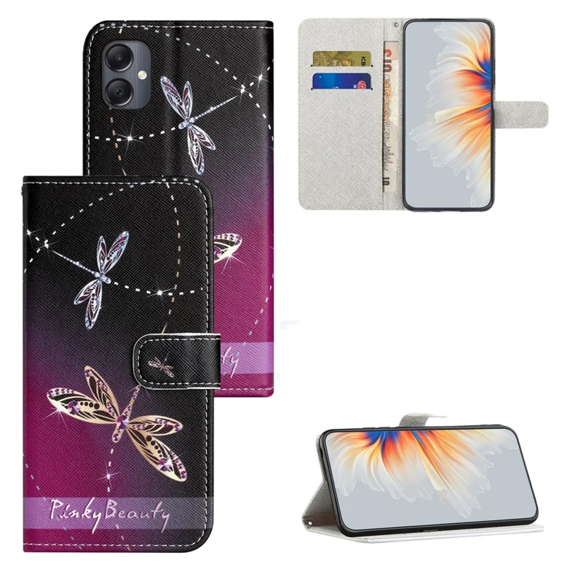 For Samsung Galaxy A07 4G / A07s 4G / A06 5G / A06 4G Case Pattern Print PU Leather Wallet Phone Cover Cross Texture - Dragonfly