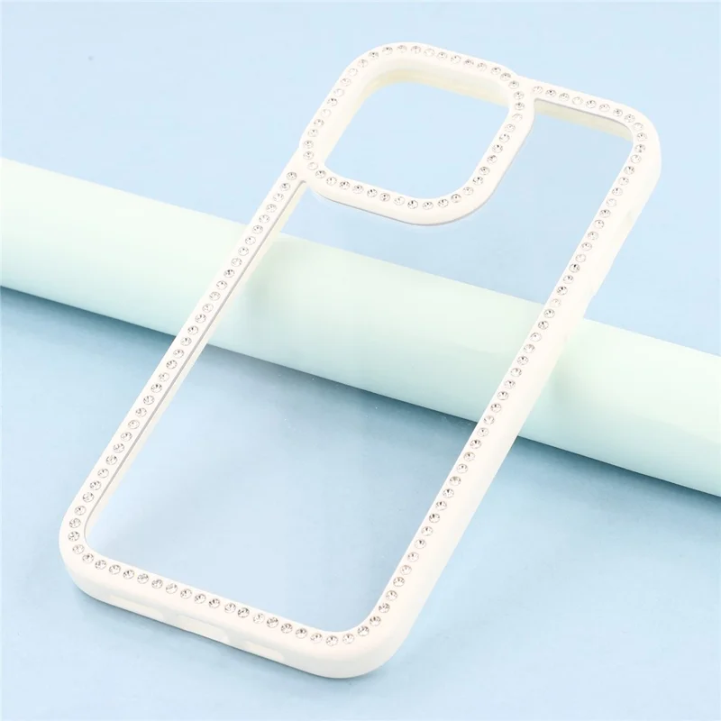 For iPhone 15 Pro Max Phone Case Sparkling Rhinestone Decor TPU + PC Clear Back Cover - White