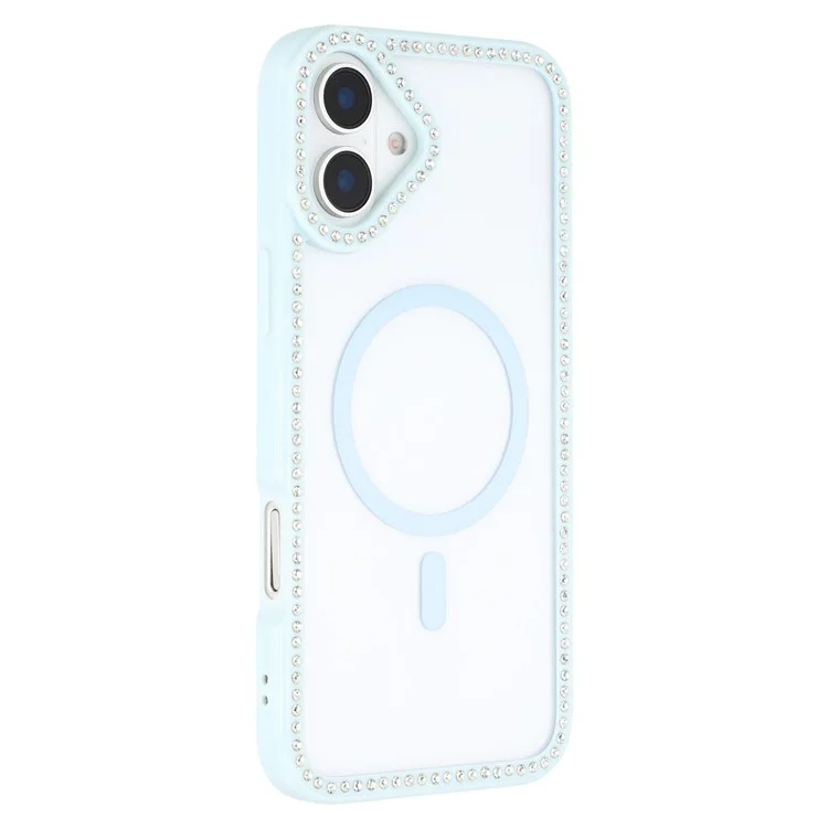 For iPhone 16 Case Compatible with MagSafe Sparkling Rhinestone Decor TPU + PC Clear Phone Back Cover - Blue