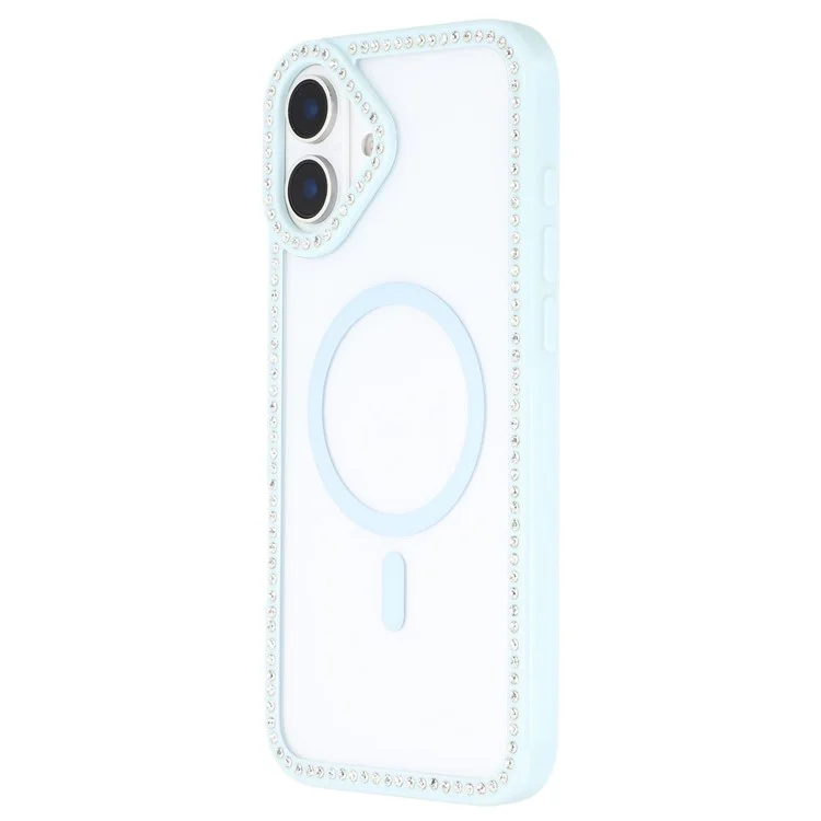 For iPhone 16 Case Compatible with MagSafe Sparkling Rhinestone Decor TPU + PC Clear Phone Back Cover - Blue