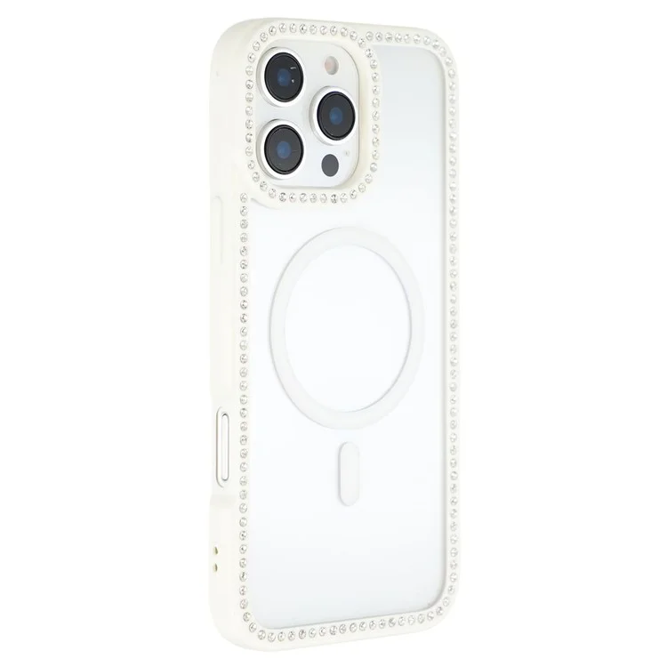 Funda para iPhone 16 Pro Compatible con MagSafe, Decoración de Strass, TPU + PC Transparente - Blanco