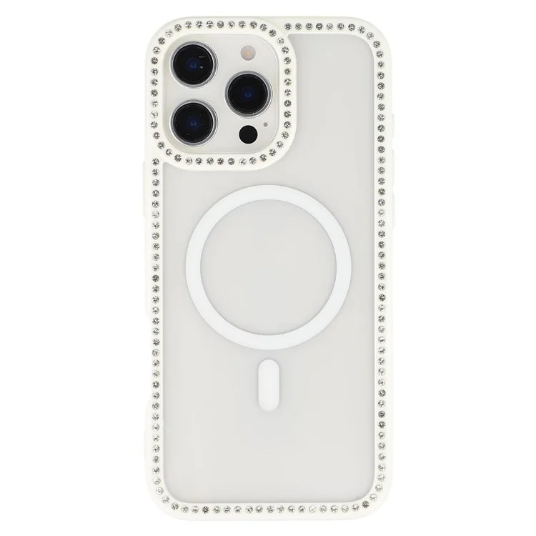 Funda para iPhone 16 Pro Compatible con MagSafe, Decoración de Strass, TPU + PC Transparente - Blanco