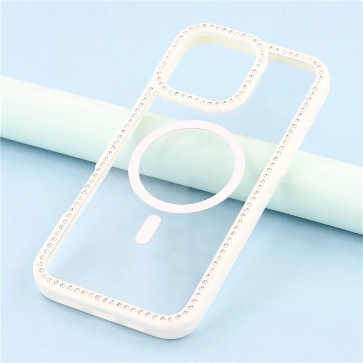 Funda para iPhone 16 Pro Compatible con MagSafe, Decoración de Strass, TPU + PC Transparente - Blanco