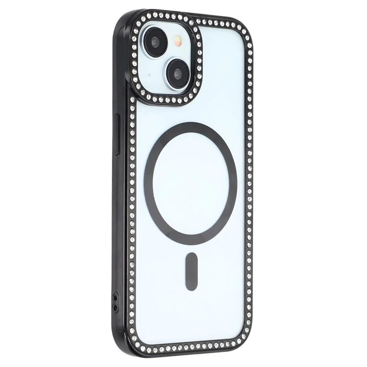 Funda para iPhone 15 Compatible con MagSafe, Decoración de Strass Brillantes, Carcasa Trasera Transparente TPU + PC - Negro