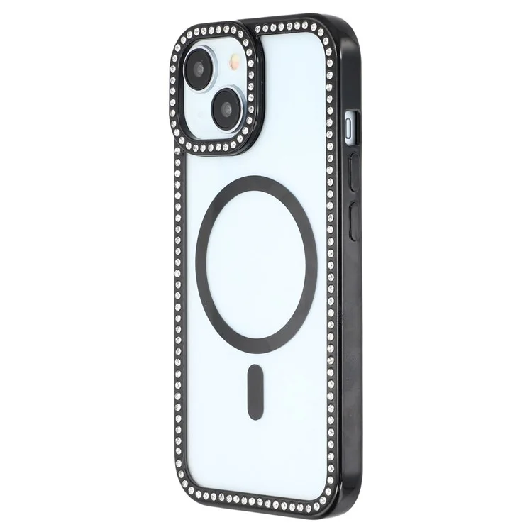 Funda para iPhone 15 Compatible con MagSafe, Decoración de Strass Brillantes, Carcasa Trasera Transparente TPU + PC - Negro
