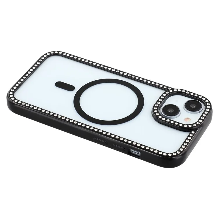 Funda para iPhone 15 Compatible con MagSafe, Decoración de Strass Brillantes, Carcasa Trasera Transparente TPU + PC - Negro