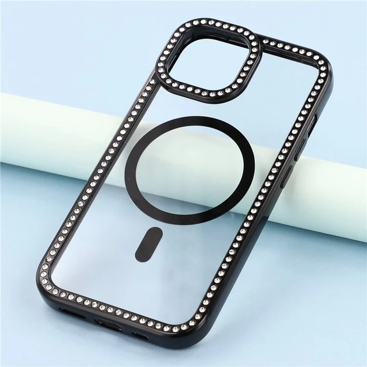 Funda para iPhone 15 Compatible con MagSafe, Decoración de Strass Brillantes, Carcasa Trasera Transparente TPU + PC - Negro