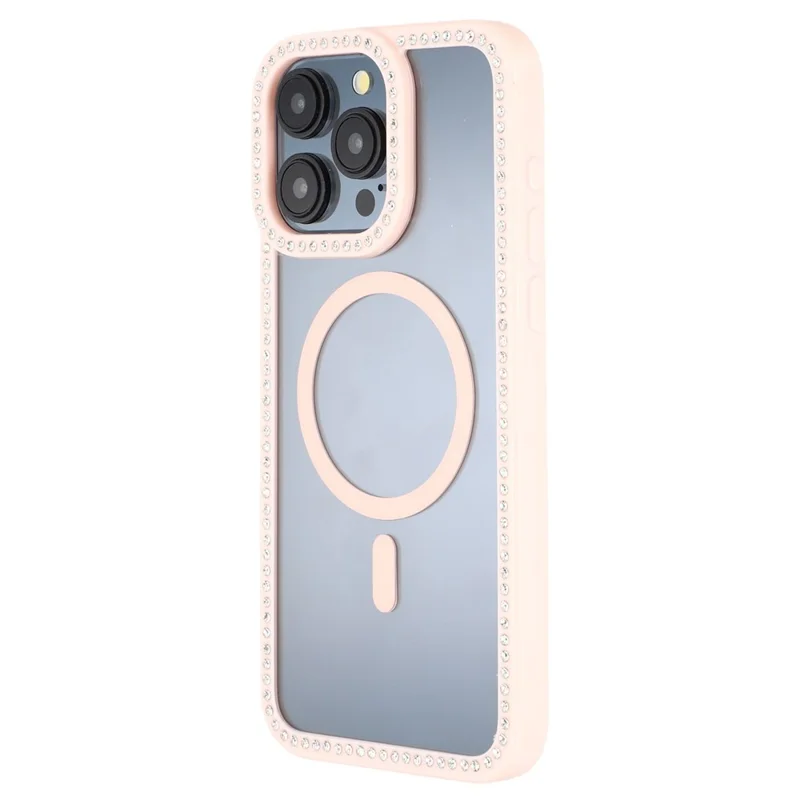 Capa para iPhone 15 Pro Compatível com MagSafe, Decoração de Strass Brilhante, TPU + PC Capa Traseira Transparente - Rosa
