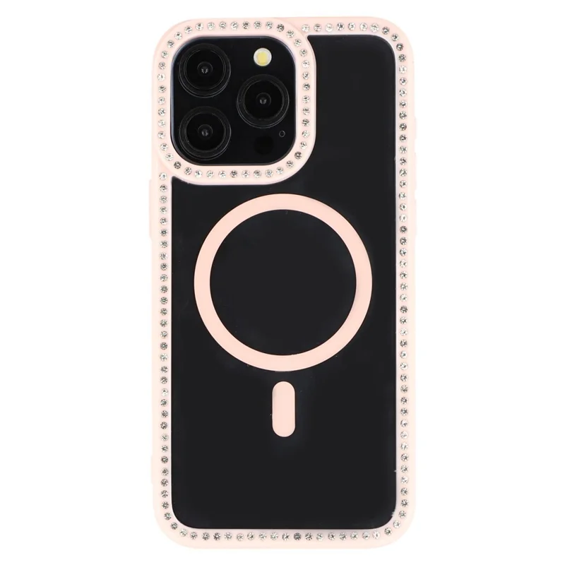 Capa para iPhone 15 Pro Compatível com MagSafe, Decoração de Strass Brilhante, TPU + PC Capa Traseira Transparente - Rosa