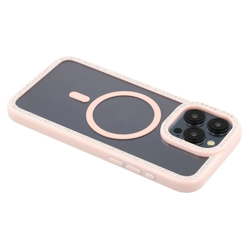 Capa para iPhone 15 Pro Compatível com MagSafe, Decoração de Strass Brilhante, TPU + PC Capa Traseira Transparente - Rosa