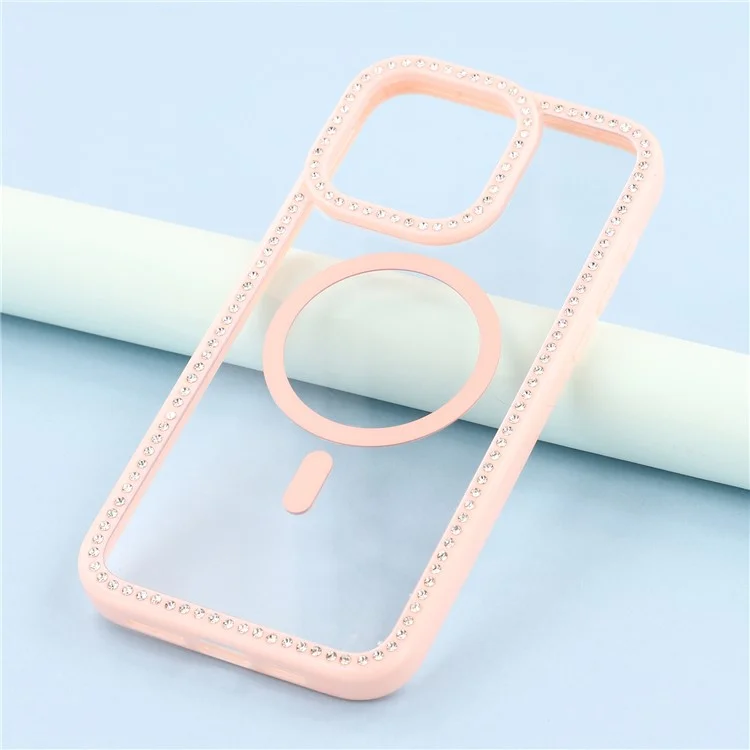 For iPhone 15 Pro Max Case Compatible with MagSafe Sparkling Rhinestone Decor TPU + PC Clear Phone Back Cover - Pink