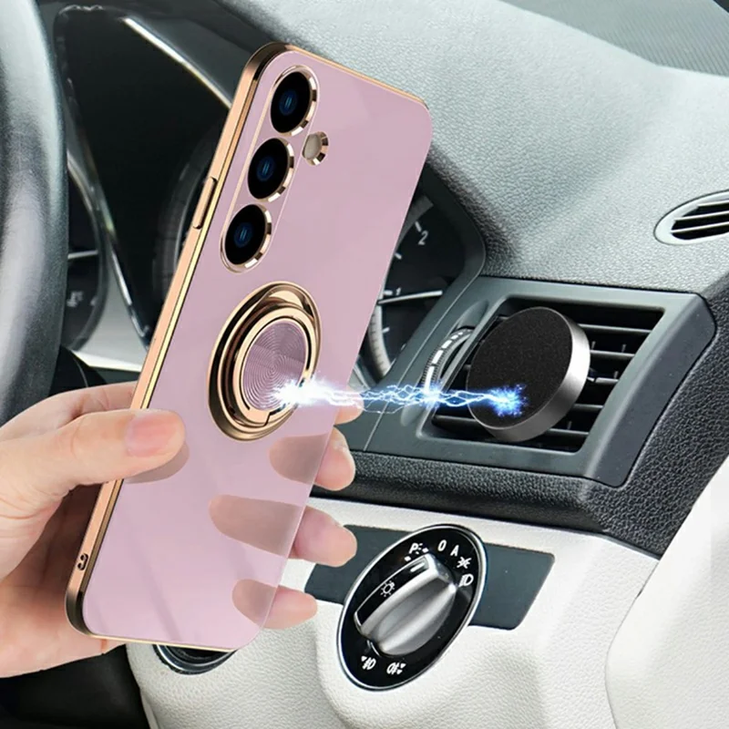 For Samsung Galaxy S25 Case Precise Cutouts 6D Electroplating TPU Phone Cover with Ring Holder - Midnight Green