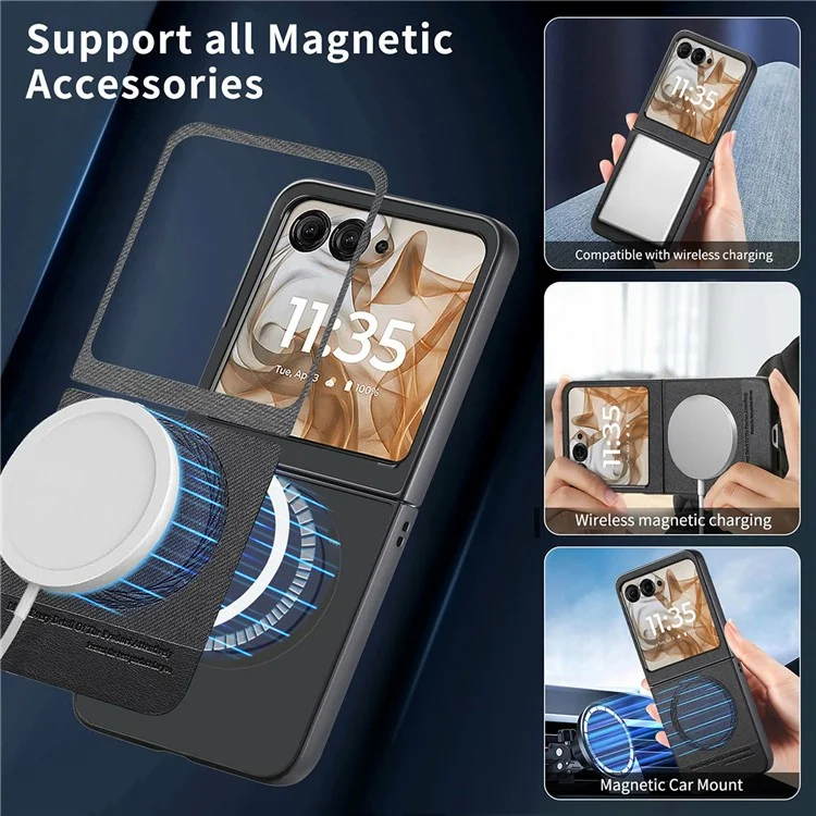 Чехол для Motorola Razr 50 5G, совместимый с MagSafe, из джинсовой ткани с кожаной текстурой + PC противоударный чехол для телефона - Черный