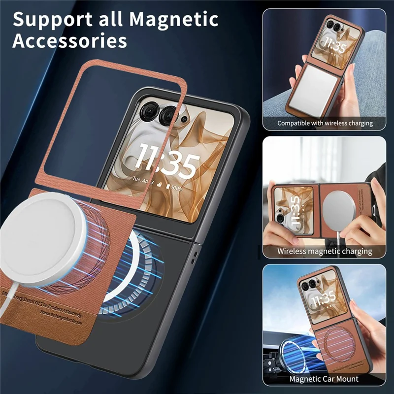 Til Motorola Razr 50 5G Etui Kompatibelt med MagSafe, Læder med jeansstruktur - Brun