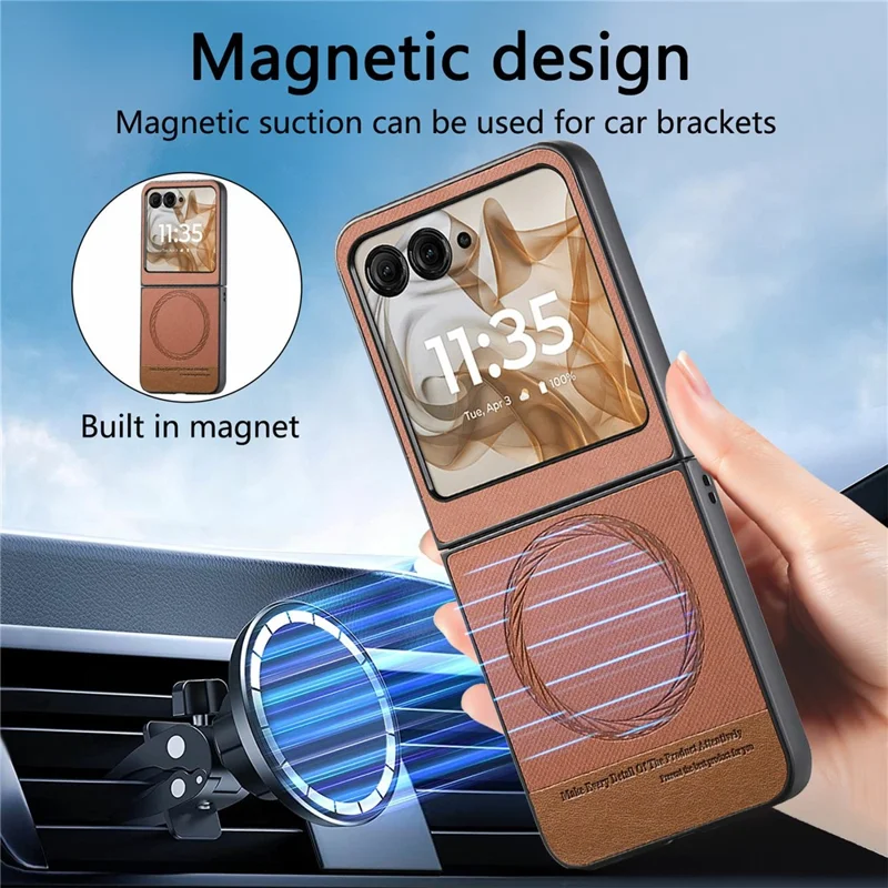 Til Motorola Razr 50 5G Etui Kompatibelt med MagSafe, Læder med jeansstruktur - Brun