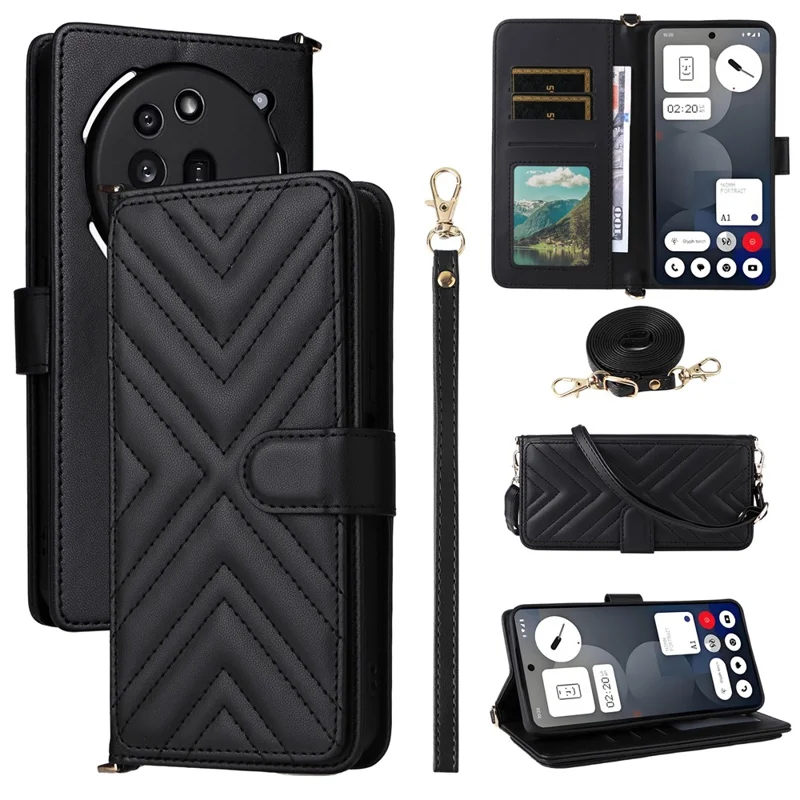 For Nothing Phone (3a) Pro Wallet Case with Shoulder / Wrist Strap Leather Phone Cover Stand - Black