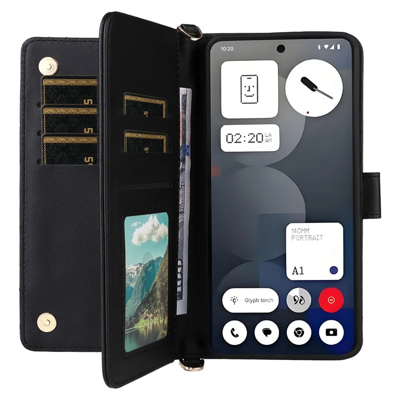 For Nothing Phone (3a) Pro Wallet Case with Shoulder / Wrist Strap Leather Phone Cover Stand - Black