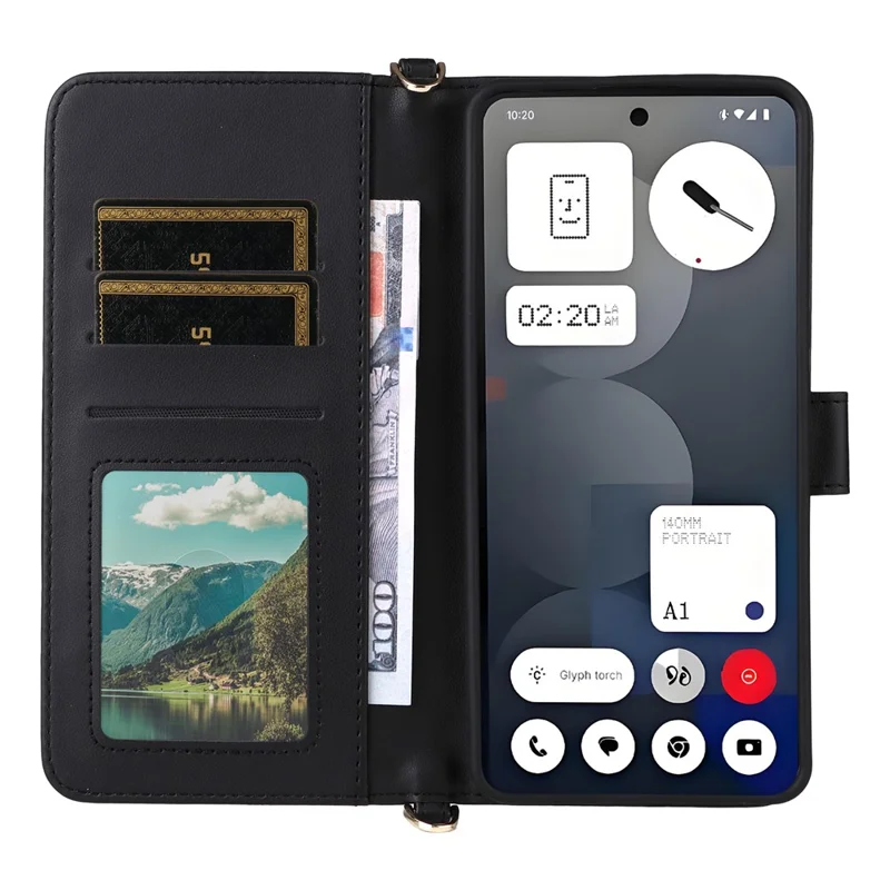 For Nothing Phone (3a) Pro Wallet Case with Shoulder / Wrist Strap Leather Phone Cover Stand - Black