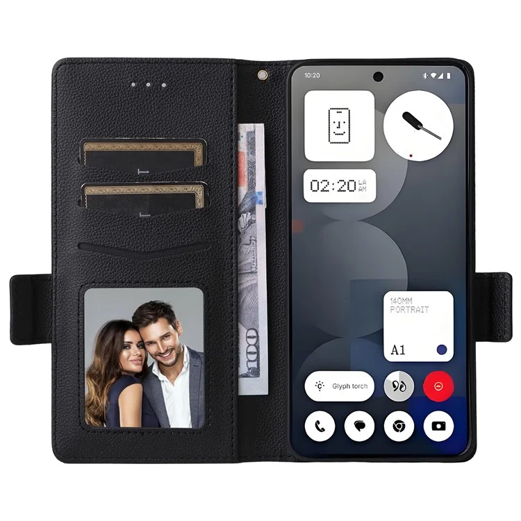 Funda tipo cartera con tapa para Nothing Phone (3a) Pro, textura de cuero tipo piel de lichi - Negro