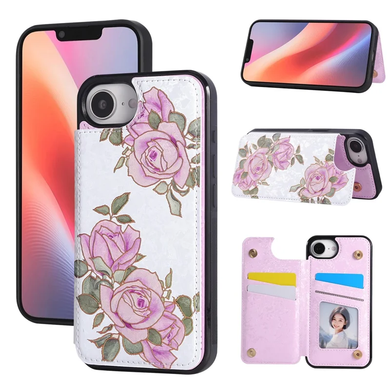 For iPhone 16e Case Flower Leather TPU RFID Blocking Phone Cover Card Slots - Rose Flower