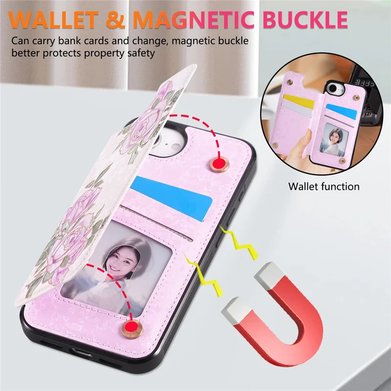 For iPhone 16e Case Flower Leather TPU RFID Blocking Phone Cover Card Slots - Rose Flower