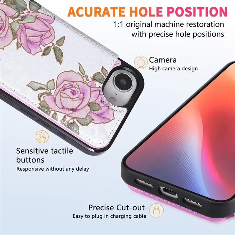 For iPhone 16e Case Flower Leather TPU RFID Blocking Phone Cover Card Slots - Rose Flower